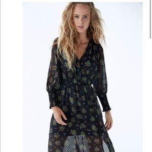 ZARA Floral Dotted Velvet Mesh Faux Wrap Midi Dress